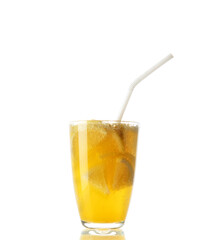 Cold fresh lemonade.
Lemonade with ice cubes on white background.