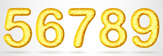 Set of golden 3D numbers. Shiny realistic gold nuggets in shape of digits five, six, seven, eight, nine with shadows. Golden set for luxury and richness concepts, part 2 of 2. Vector illustration.