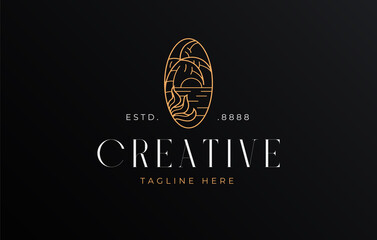 Summer beach logo design. Vector illustration of seaside view with coconut tree and sun. Vintage logo design vector line icon template