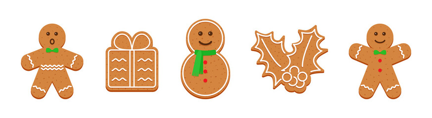 Christmas Gingerbread cookies. Classic Xmas biscuit isolated on white background. Vector illustration. Noel holiday sweet dessert. Cute ginger bread men, holly berry, gift box and snowman.