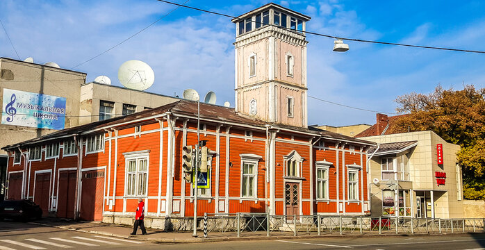Wooden fire station with a tower. Sortavala, Karelia