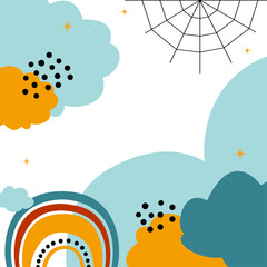 Cute background for halloween. Clouds, rainbow and cobweb. Simple flat vector elements for design