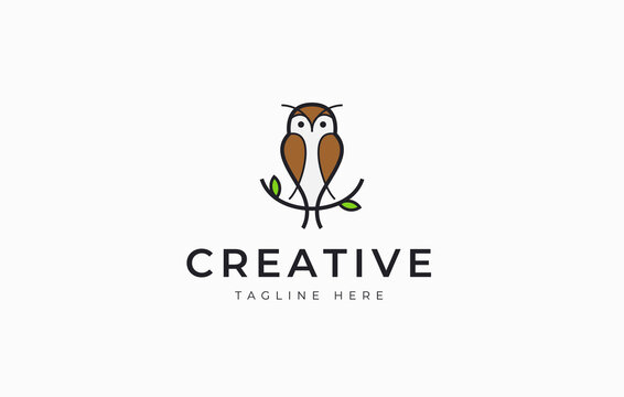 Owl Bird line logo design. Bird perched on tree icon vector. Mascot design. Creative Vector linear Concept.