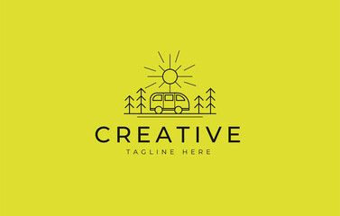 Camper Adventure Van Logo Design Template. Summer camp line design. Creative Vector Icon Concept.