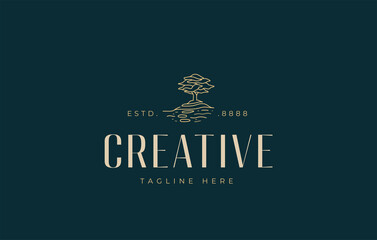 Oak Tree Line Logo Design. Abstract Tree Garden Art Icon Design Template with Soil Layer