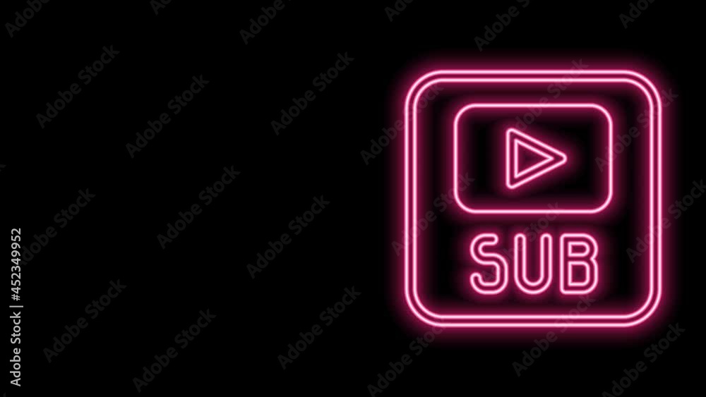 Poster Glowing neon line Video with subtitles icon isolated on black background. 4K Video motion graphic animation