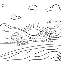 Country house and Village scenery Coloring book for kids Vector illustration