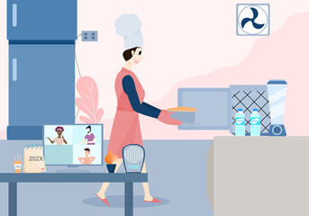 Concept people making cake, lifestyle quarantine. woman wearing kitchen clothes walking holding a tray of snacks Go straight to the microwave oven to bake the cake.Vector illustration flat call friend