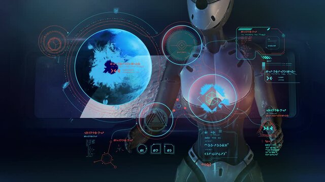 Fantastic video poster with alien infographics, 3D render.