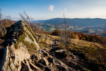 Autumn in the Bieszczady Mountains Poland. Trekking trail, blue sky.