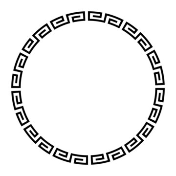 Meander circle with simple meander pattern. Circle frame and decorative border, made of angular spirals, shaped into a seamless motif, also known as Greek key. Black and white illustration over white.