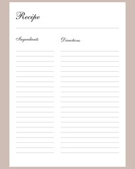 Modern Recipe page template for cookbook. Vector Illustration. Printable template. Blank white notebook page A4
