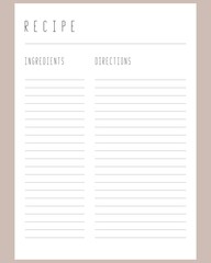 Modern Recipe page template for cookbook. Vector Illustration. Printable template.  Blank white notebook page A4