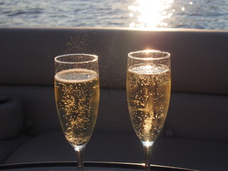 Sunlit Champagne Toast with Sparkling Bubbles Against a Lake Sunset