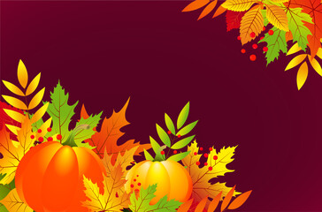 Naklejka na ściany i meble Autumn vector background with leaves and pumpkins for banner 