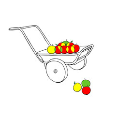 Hand drawn outline black vector illustration of a beautiful metal truck with colored apples isolated on a white background. Red green yellow