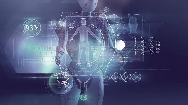 The alien is studying the data set about the man, 3D render.