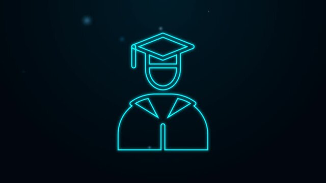Glowing neon line Graduate and graduation cap icon isolated on black background. 4K Video motion graphic animation