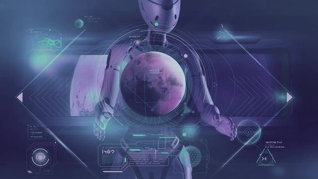 An alien is studying data on Mars, 3D render.