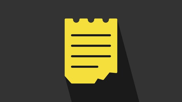 Yellow Notebook icon isolated on grey background. Spiral notepad icon. School notebook. Writing pad. Diary for school. 4K Video motion graphic animation