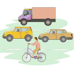 Vector Traffic lanes for Bicycles, Cargo trucks and Cars on white isolated background, isolated Traffic in City in Cartoon style, concept of Urban Road Traffic and Traffic lanes in metropolis.