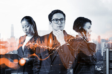 Group of business colleagues in suits as a part of multinational corporate team working on forecasting trading corporate strategy at fund. Forex chart. Kuala Lumpur on background. Double exposure