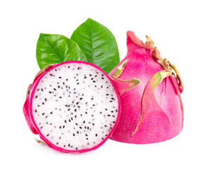 Dragon fruit with green leaves, isolated on white background. Slice of fresh Pitaya or Pitahaya...