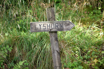 Sign at hiking path Lyshorn in Norway. Lysekloster.