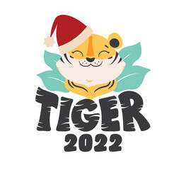 The image with tiger head and phrase 2022. The funny wild animal in hat Santa is good for Christmas designs, holiday cards. The vector illustration