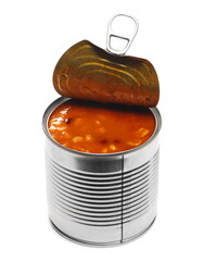Cooked kidney beans and sweetcorn with tomato sauce in tin can isolated on white background