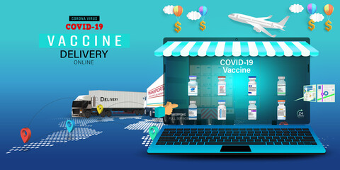 Corona virus Vaccine on Laptop Application , Covid-19 vaccine Online on Website or notebook as order product, healthcare concept, Online Application vaccine Delivery service concept.