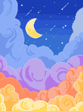 Beautiful illustration of pixel art. Fantastic, colorful clouds on a moonlit night