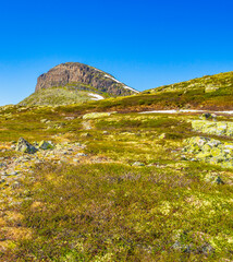 Fototapeta premium Amazing Storehødn mountain peak at Hydnefossen waterfall river Hemsedal Norway.