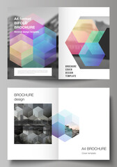 Vector layout of two A4 format cover mockups design templates with colorful hexagons, geometric shapes, tech background for bifold brochure, flyer, magazine, cover design, book design, brochure cover.
