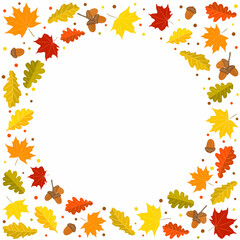 Autumn round frame made from hand-drawn foliage. Yellow and orange leaves of maple and oak, oak acorns. Template or blank for fall decor. Vector illustration.