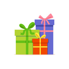 Festive colorful boxes tied with ribbon with bow with gifts. Christmas gift box. Gift for New Year, Birthday for children, adults. Sale concept. Vector illustration isolated on white background