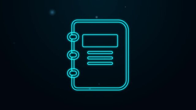 Glowing neon line Notebook icon isolated on black background. Spiral notepad icon. School notebook. Writing pad. Diary for school. 4K Video motion graphic animation