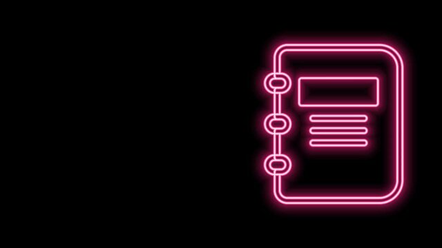 Glowing neon line Notebook icon isolated on black background. Spiral notepad icon. School notebook. Writing pad. Diary for school. 4K Video motion graphic animation