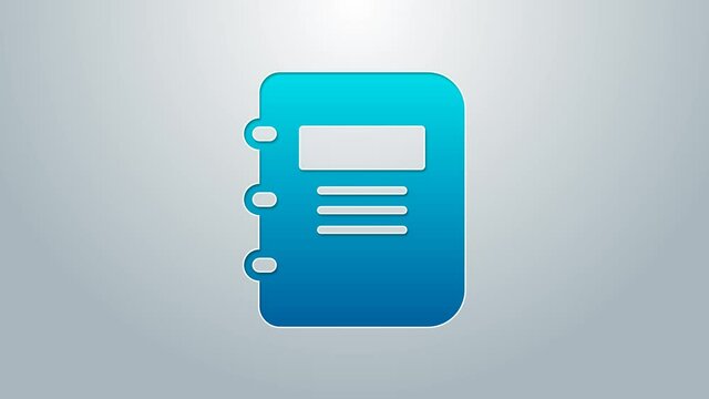 Blue line Notebook icon isolated on grey background. Spiral notepad icon. School notebook. Writing pad. Diary for school. 4K Video motion graphic animation