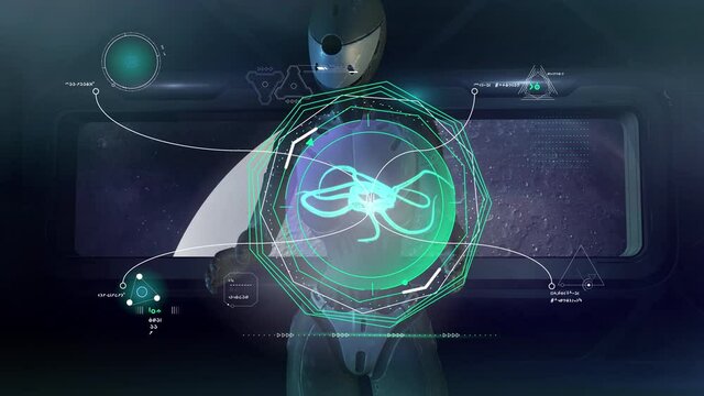 An alien robot is analyzing data on an unknown living organism, 3D render.