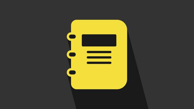 Yellow Notebook icon isolated on grey background. Spiral notepad icon. School notebook. Writing pad. Diary for school. 4K Video motion graphic animation