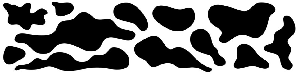 Irregular amorphous blob shapes, liquid amoeba asymmetric forms. Black ink puddle splash, fluid stain isolated on white background. Vector illustration.
