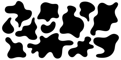 Irregular amorphous liquid shapes, black organic fluid blot, simple ink stain isolated on white background. Random flowing forms. Flat style design, vector illustration.