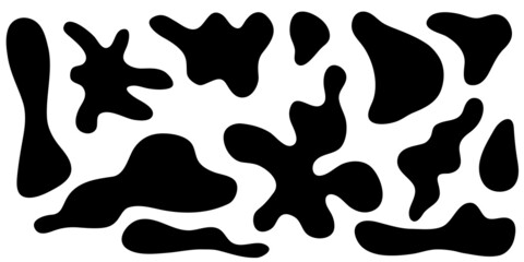 Fototapeta na wymiar Irregular amorphous blob shapes, liquid amoeba asymmetric forms. Black ink puddle splash, fluid stain isolated on white background. Vector illustration