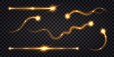 Ekectric discharge shock effect. Golden light swirl and flash with glowing luminous trail. Electrical thunder sparkling bolt , isolated wire lines on transparent background. Vector illustration - obrazy, fototapety, plakaty
