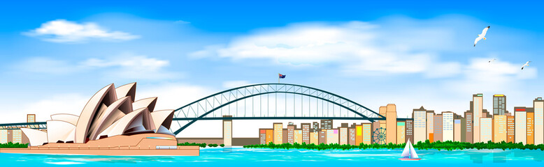 Sydney city landscape panorama. Australian city of Sydney. Sea. Bridge over the bay. Blue sky with clouds. City landscape