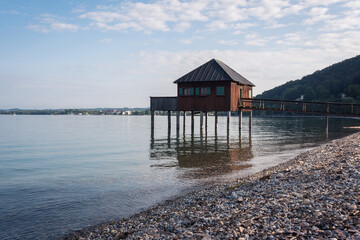 Old wooden bathhouse at Bodensee lake shore (Constance lake) Bregenz, Austria, Europe