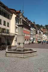 City streets of Feldkirch with Montfort fountain, Vorarlberg, Austria, Europeope