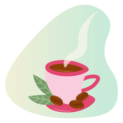 The pink cup icon . Flat mug of hot coffee with fresh coffee beans and a couple of leaves. Decorative isolated vector illustration on a transparent background. Designer coffee. Catering business.