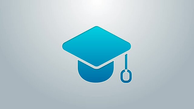 Blue line Graduation cap icon isolated on grey background. Graduation hat with tassel icon. 4K Video motion graphic animation